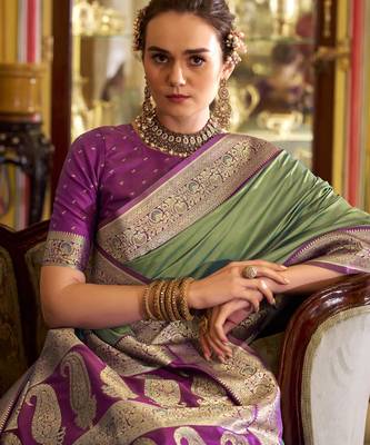 olive soft silk blend woven saree with unstitched blouse piece 2