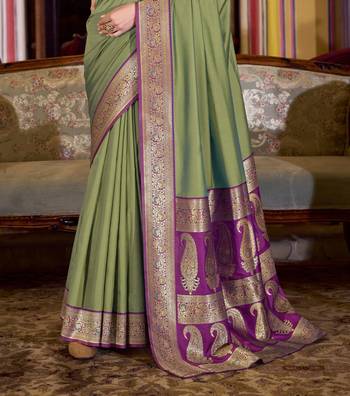 olive soft silk blend woven saree with unstitched blouse piece 3
