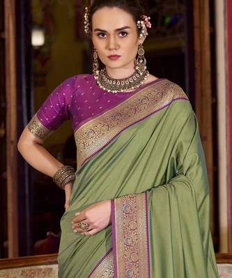 olive soft silk blend woven saree with unstitched blouse piece 4