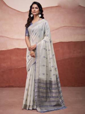 Blue modal cotton woven saree with unstitched blouse piece 1