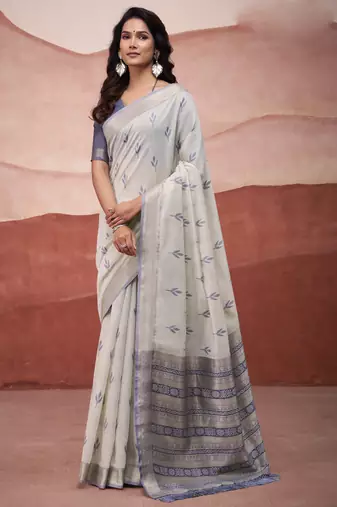 Blue modal cotton woven saree with unstitched blouse piece