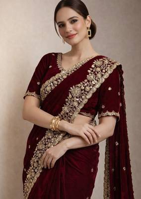 Wine Color Beautiful Embroidery detailling Satin Silk Saree 1
