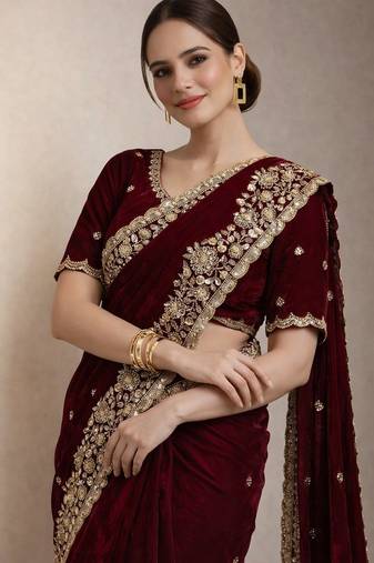 Wine Color Beautiful Embroidery detailling Satin Silk Saree