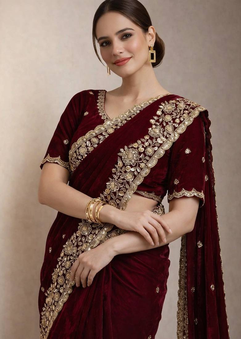 Wine Color Beautiful Embroidery detailling Satin Silk Saree