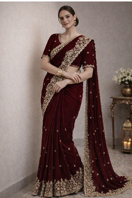 Wine Color Beautiful Embroidery detailling Satin Silk Saree 2