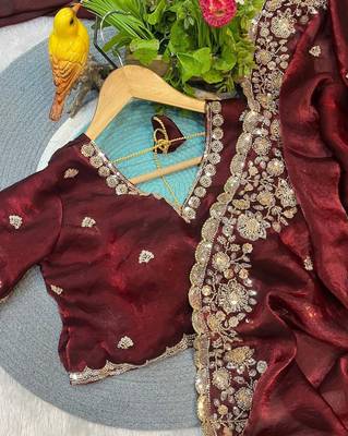 Wine Color Beautiful Embroidery detailling Satin Silk Saree 3