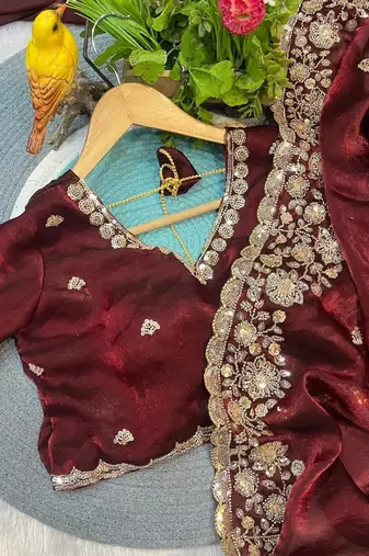 Wine Color Beautiful Embroidery detailling Satin Silk Saree