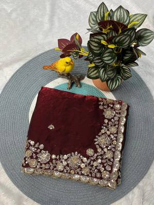 Wine Color Beautiful Embroidery detailling Satin Silk Saree 4