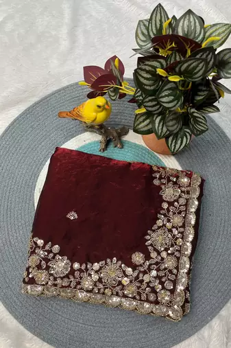 Wine Color Beautiful Embroidery detailling Satin Silk Saree