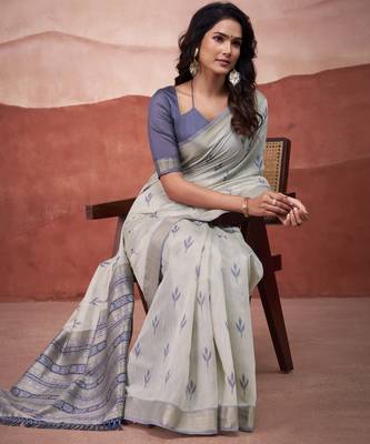 Blue modal cotton woven saree with unstitched blouse piece 2