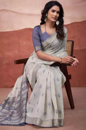 Blue modal cotton woven saree with unstitched blouse piece