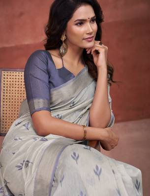 Blue modal cotton woven saree with unstitched blouse piece 3