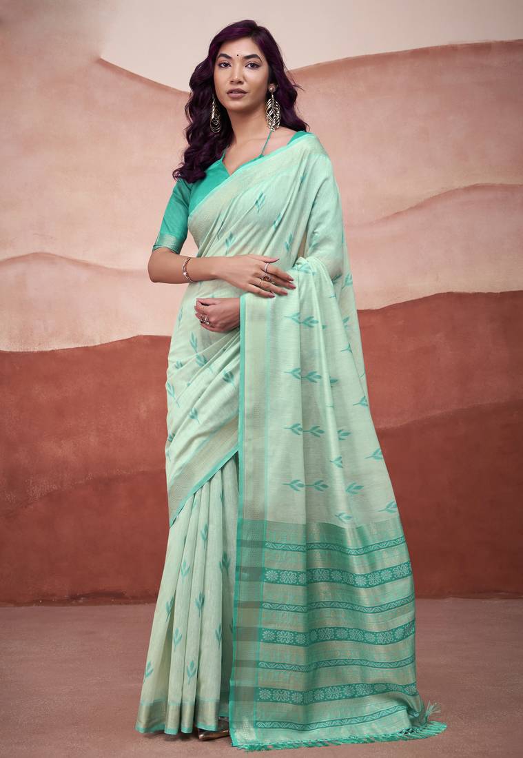 Turquoise modal cotton woven saree with unstitched blouse piece