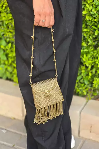 Noor tassel minaudière clutch bag gold