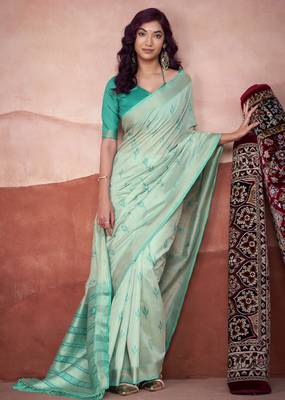 Turquoise modal cotton woven saree with unstitched blouse piece 2