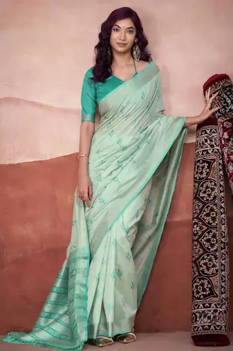 Turquoise modal cotton woven saree with unstitched blouse piece