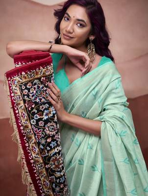 Turquoise modal cotton woven saree with unstitched blouse piece 3