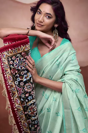 Turquoise modal cotton woven saree with unstitched blouse piece