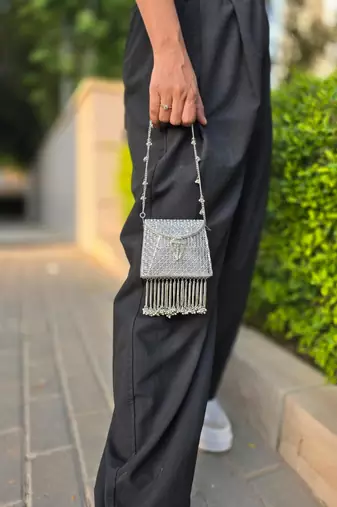 Noor tassel minaudière clutch bag silver