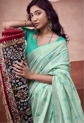 Turquoise modal cotton woven saree with unstitched blouse piece 4