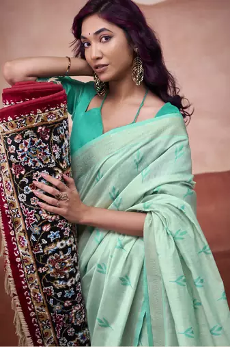 Turquoise modal cotton woven saree with unstitched blouse piece