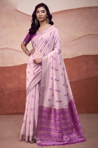 Pink modal cotton woven saree with unstitched blouse piece