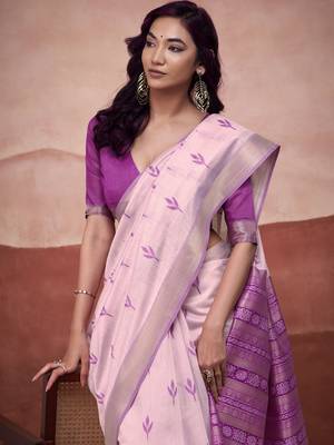 Pink modal cotton woven saree with unstitched blouse piece 2