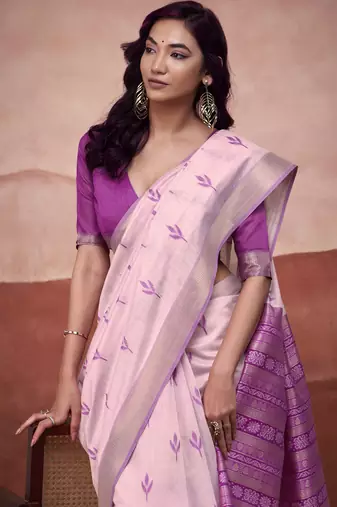 Pink modal cotton woven saree with unstitched blouse piece