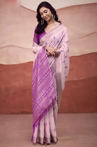 Pink modal cotton woven saree with unstitched blouse piece