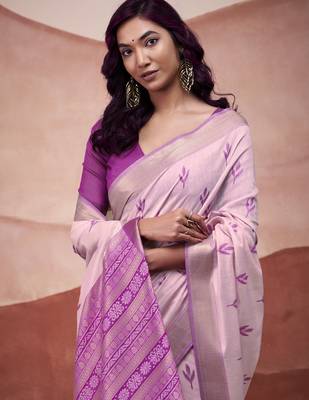 Pink modal cotton woven saree with unstitched blouse piece 4