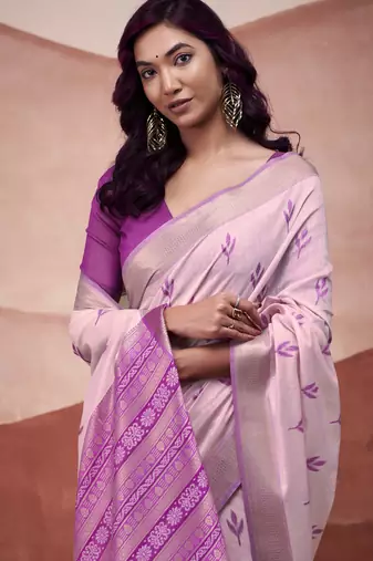 Pink modal cotton woven saree with unstitched blouse piece