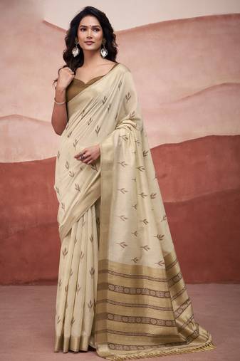 Beige modal cotton woven saree with unstitched blouse piece