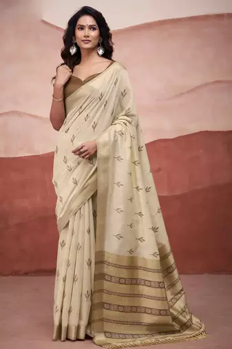Beige modal cotton woven saree with unstitched blouse piece