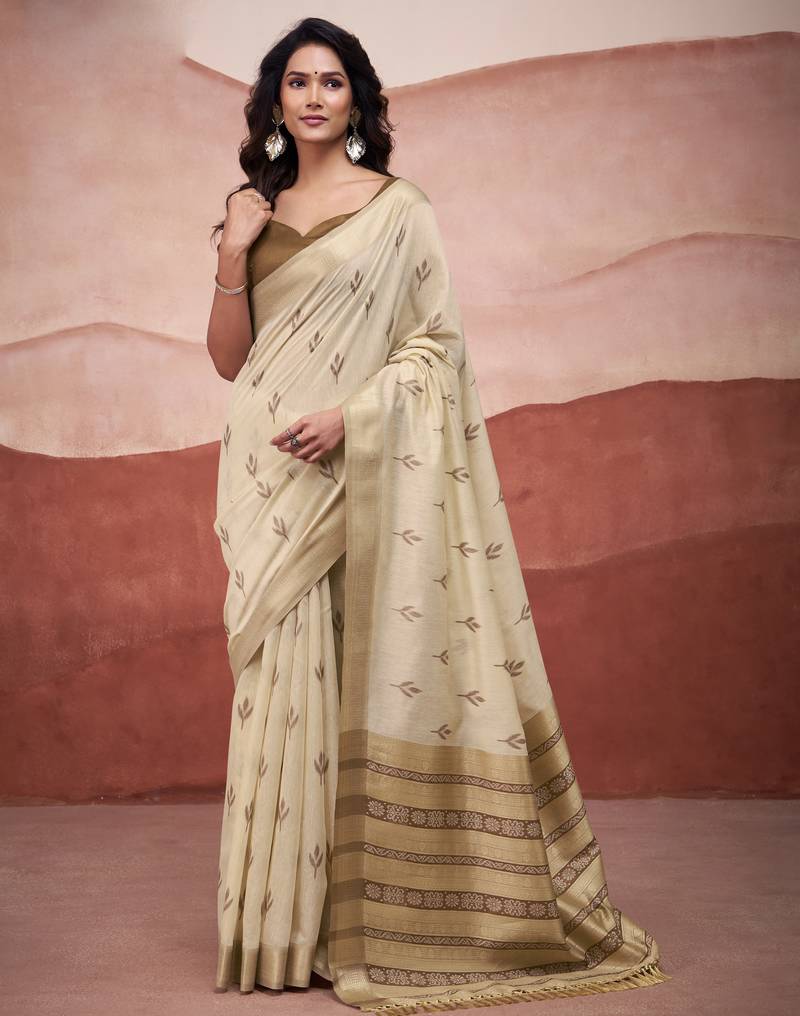 Beige modal cotton woven saree with unstitched blouse piece