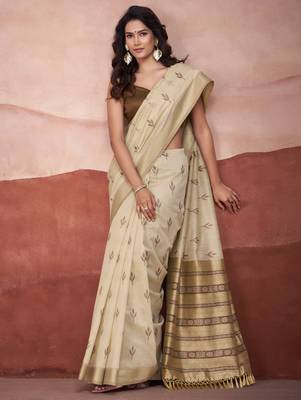 Beige modal cotton woven saree with unstitched blouse piece 2