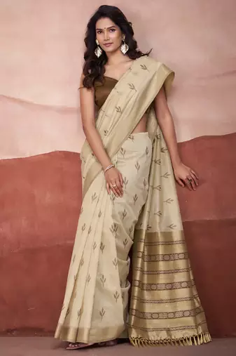 Beige modal cotton woven saree with unstitched blouse piece