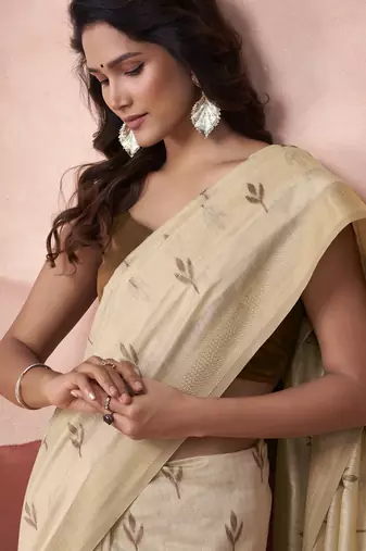 Beige modal cotton woven saree with unstitched blouse piece