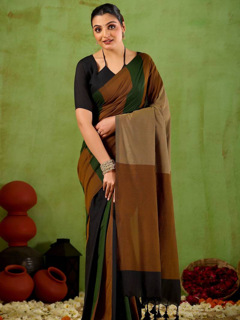 Raag varnam green handloom khadi cotton saree with