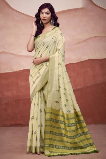 Parrot green modal cotton woven saree with unstitched blouse piece