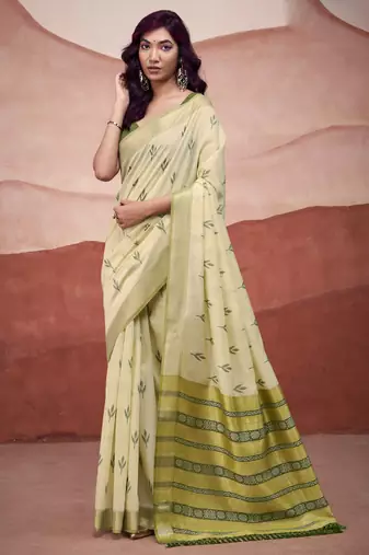 Parrot green modal cotton woven saree with unstitched blouse piece