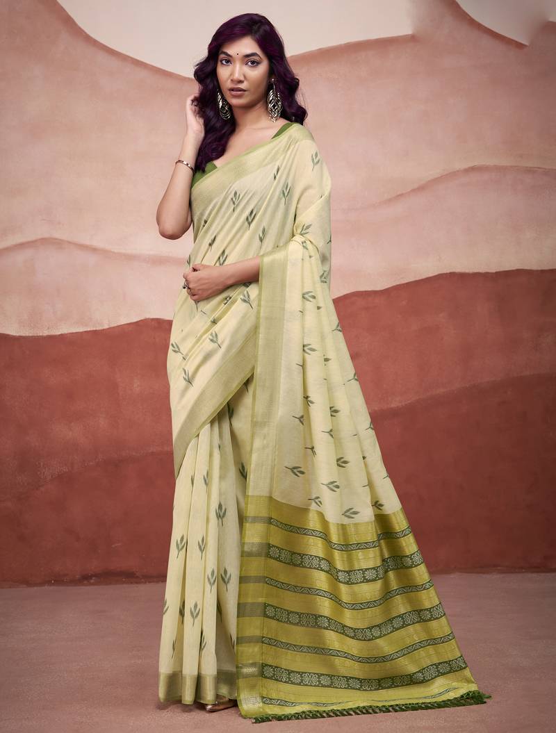 Parrot green modal cotton woven saree with unstitched blouse piece