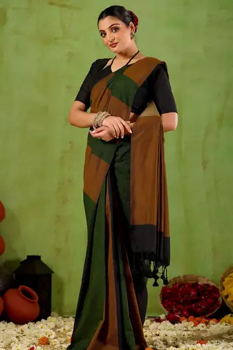 Raag varnam green handloom khadi cotton saree with