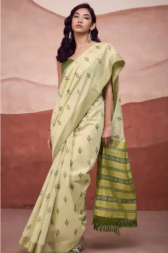 Parrot green modal cotton woven saree with unstitched blouse piece