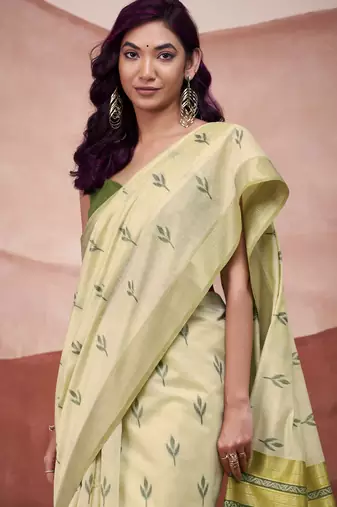 Parrot green modal cotton woven saree with unstitched blouse piece