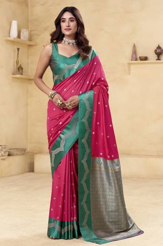 magenta satin silk blend woven saree with unstitched blouse piece