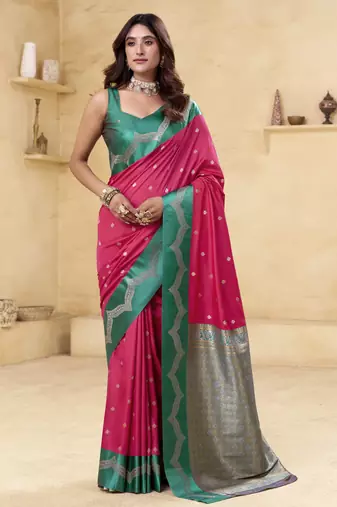 magenta satin silk blend woven saree with unstitched blouse piece