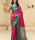 magenta satin silk blend woven saree with unstitched blouse piece