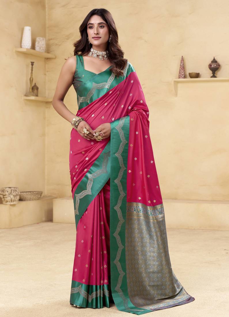 magenta satin silk blend woven saree with unstitched blouse piece