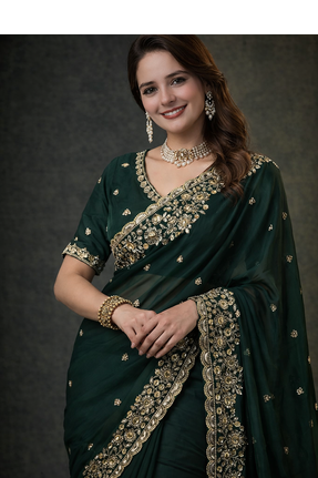 Green Color Beautiful Embroidery detailling Satin Silk Saree 1