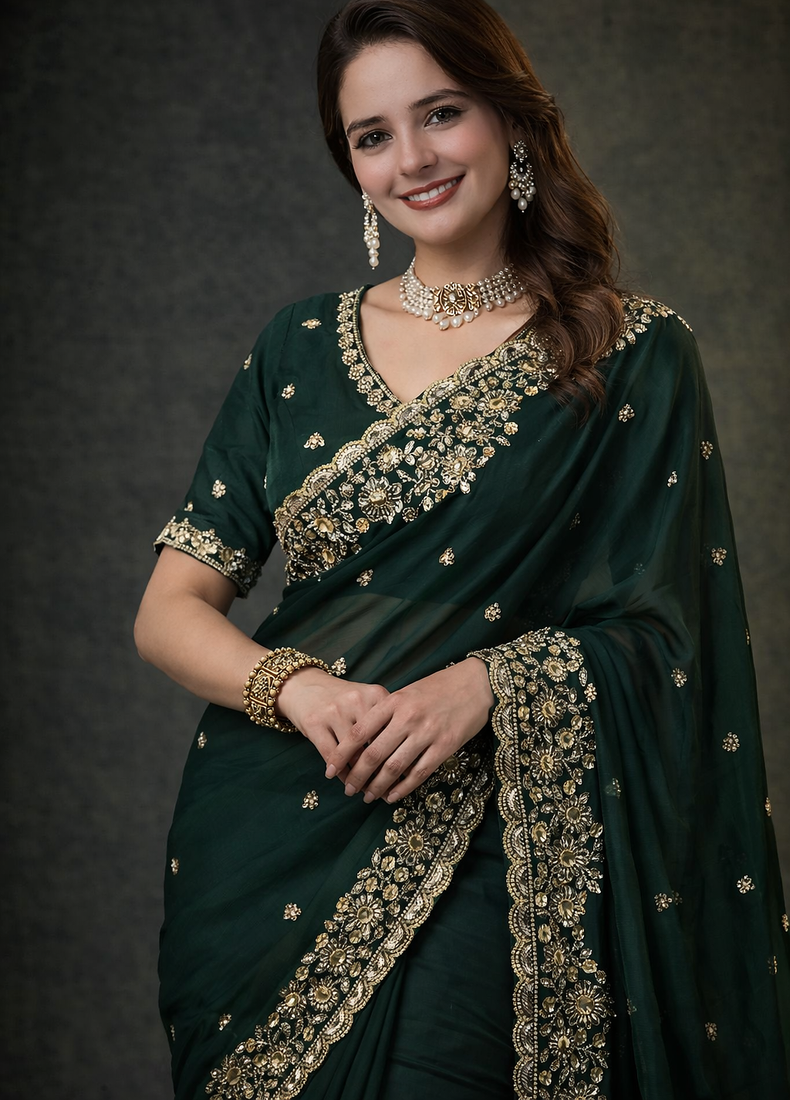 Green Color Beautiful Embroidery detailling Satin Silk Saree